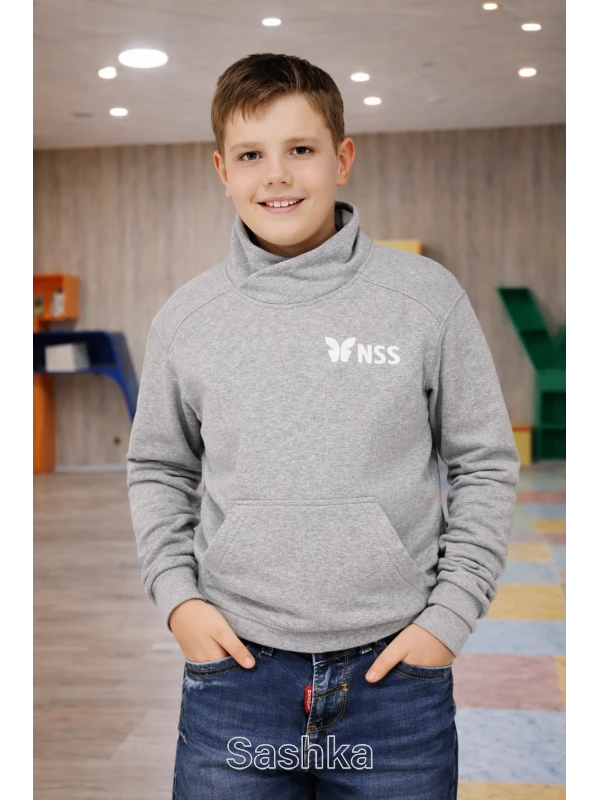 Худі для хлопчика з коміром сіре з логотипом школи NSS, розмір 116-164